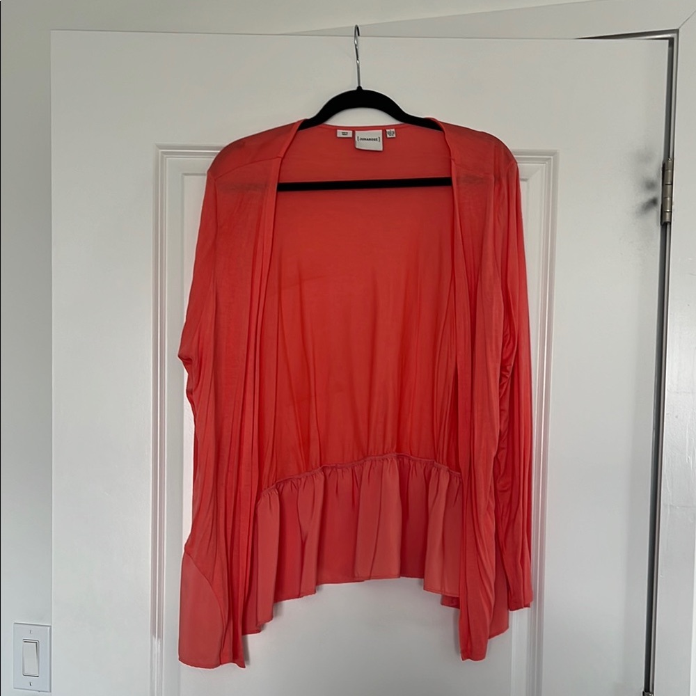 Coral Open Front Cardigan with Ruffled Bottom